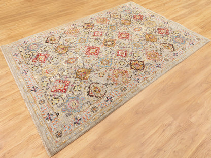 Transitional hand-knotted wool/pure silk rug in Beige, 6'1" x 9' — SKU O058443 (view 4)