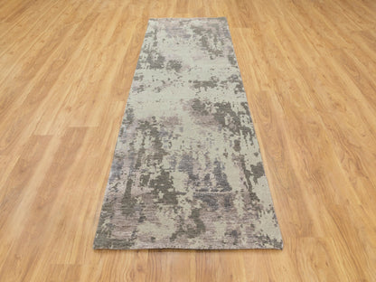 Grey 2'8" x 9'7" Modern / Contemporary Hand knotted Wool Rug - Sku: O058444