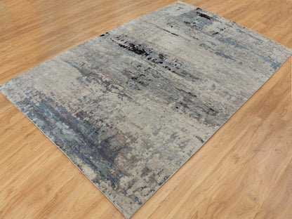 Beige 6'3" x 8'10" Modern and Contemporary Hand knotted Wool/Silk Rug - Sku: O058481