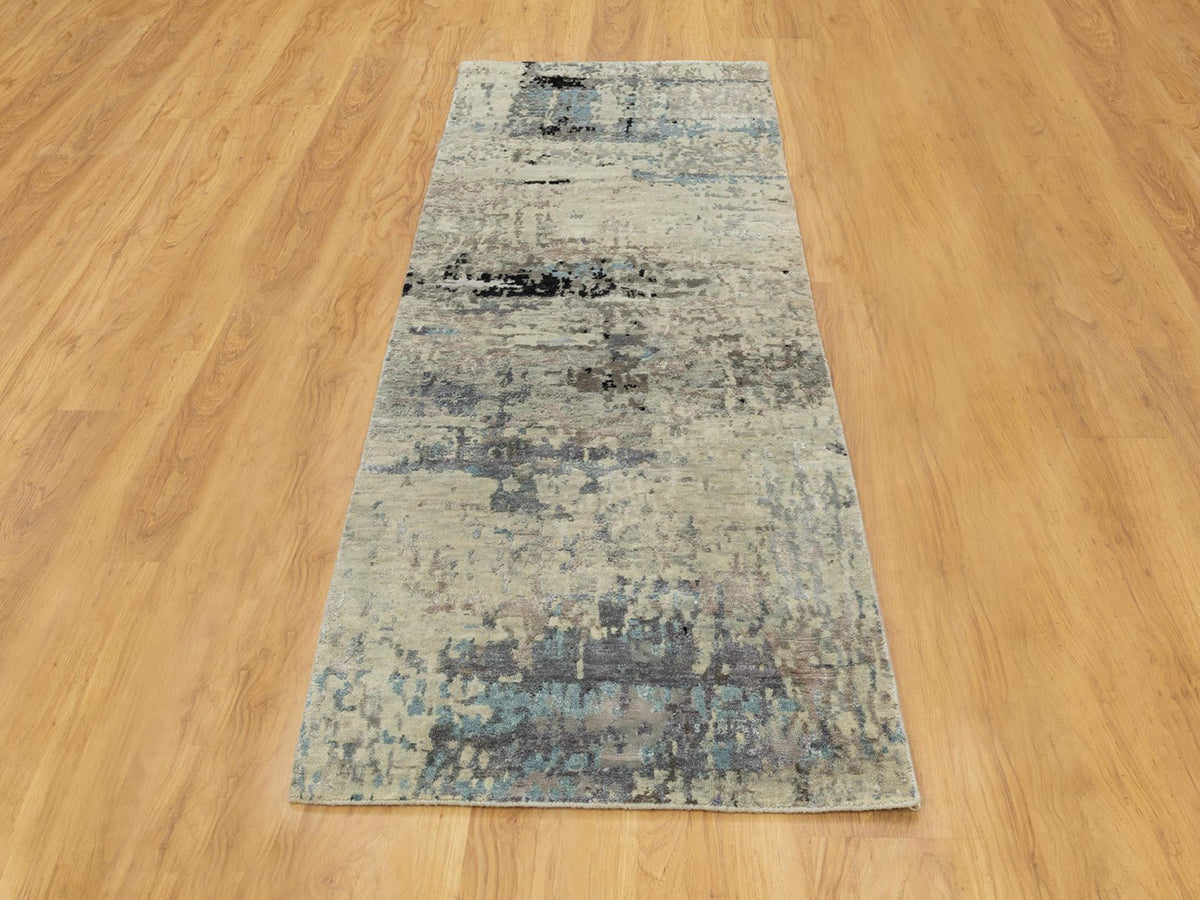Modern / Contemporary hand-knotted wool/silk runner in Beige, 2'5" x 7'9" — SKU O058489 (view 2)