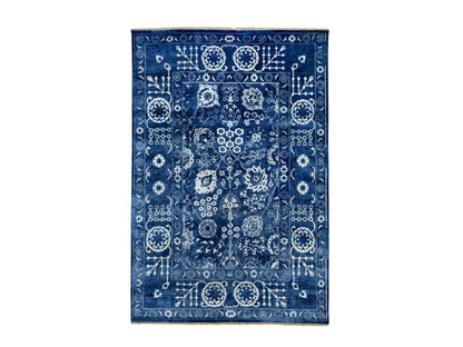 Blue 6'2" x 9'0" Transitional Hand knotted Wool/Silk Rug - Sku: O058535