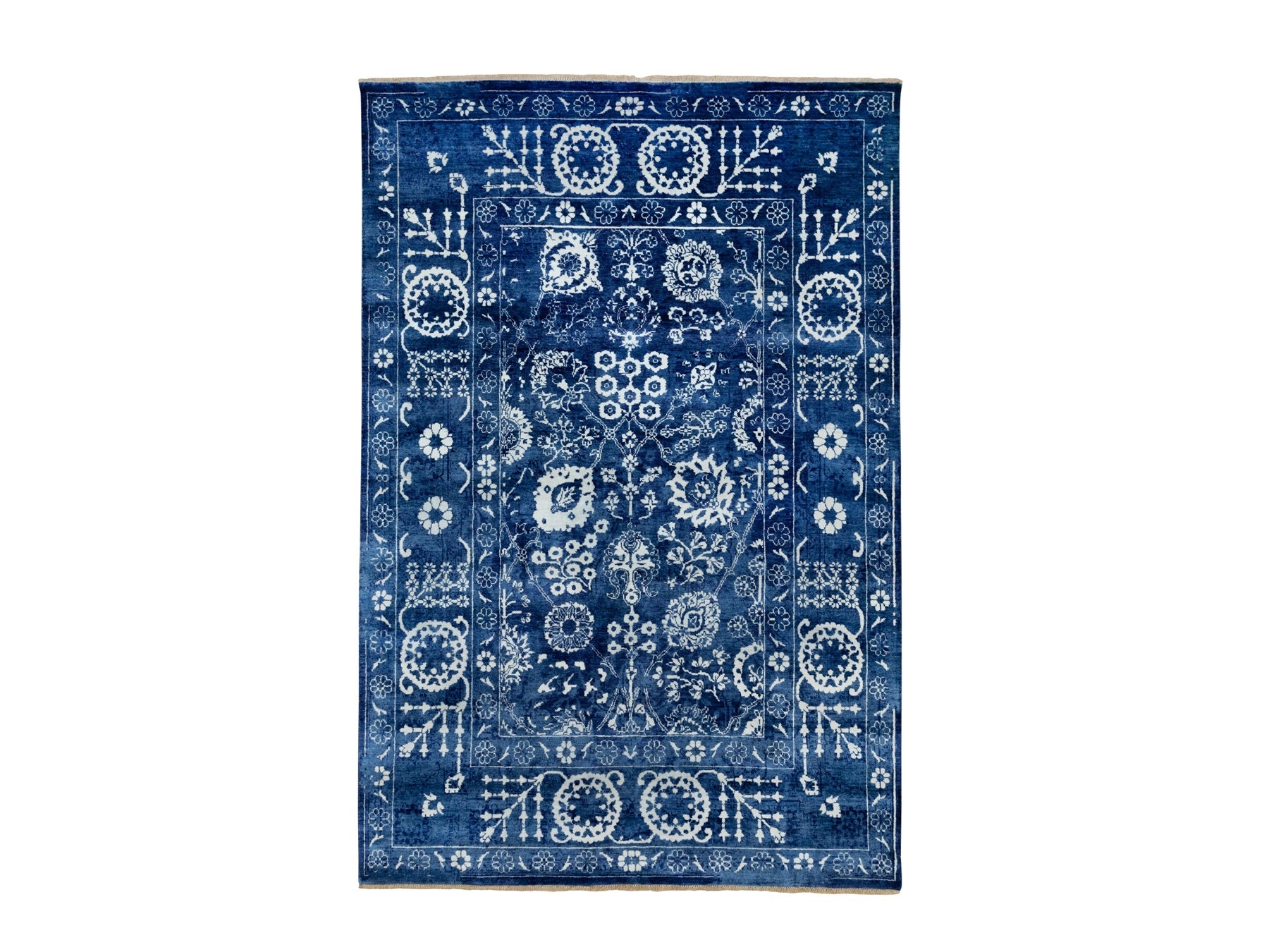 Tabriz Transitional hand-knotted wool/silk rug in Blue, 6'2" x 9' — SKU O058535