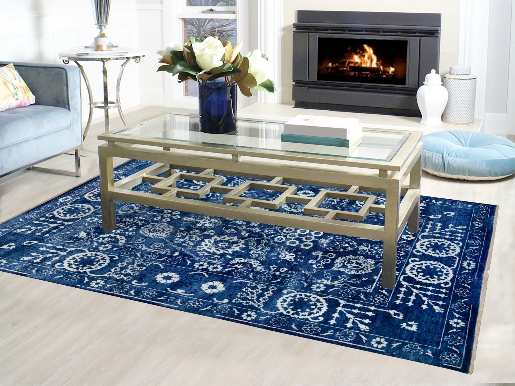 Tabriz Transitional hand-knotted wool/silk rug in Blue, 6'2" x 9' — SKU O058535 (view 2)