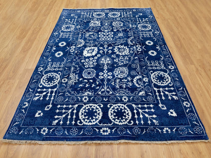 Blue 6'2" x 9'0" Transitional Hand knotted Wool/Silk Rug - Sku: O058535