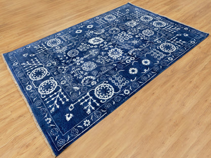 Blue 6'2" x 9'0" Transitional Hand knotted Wool/Silk Rug - Sku: O058535