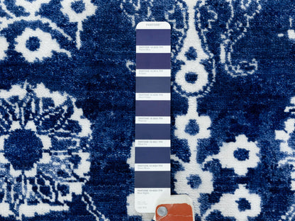 Blue 6'2" x 9'0" Transitional Hand knotted Wool/Silk Rug - Sku: O058535