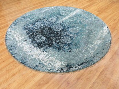 Blue 8'8" x 8'8" Transitional Hand knotted Wool/Silk Rug - Sku: O058549