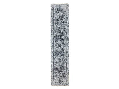 Grey 2'7" x 12'0" Transitional Hand knotted Wool/Silk Rug - Sku: O058556