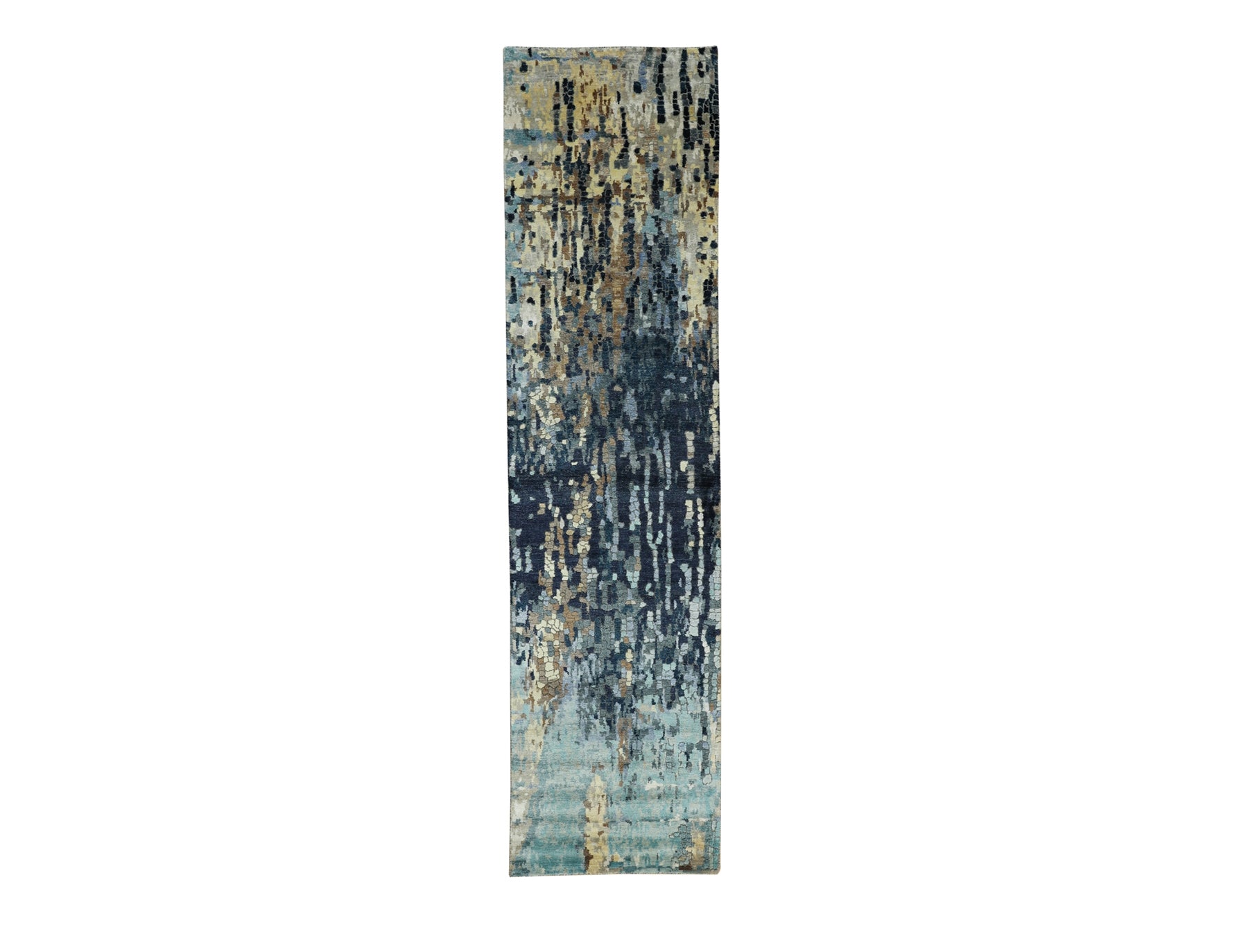 Blue 2'6" x 9'10" Modern / Contemporary Hand knotted Wool/Silk Rug - Sku: O058873