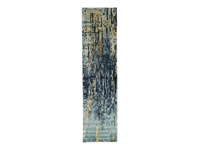 Blue 2'6" x 9'10" Modern and Contemporary Hand knotted Wool/Silk Rug - Sku: O058873