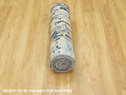 Blue 2'6" x 9'10" Modern and Contemporary Hand knotted Wool/Silk Rug - Sku: O058873