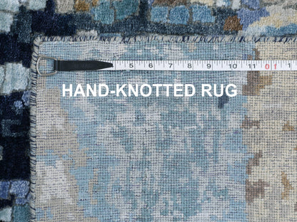 Blue 2'6" x 9'10" Modern and Contemporary Hand knotted Wool/Silk Rug - Sku: O058873