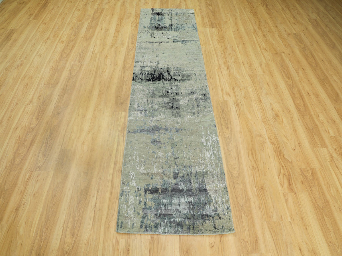 Modern / Contemporary hand-knotted wool/silk runner in Beige, 2'7" x 9'9" — SKU O058874 (view 2)