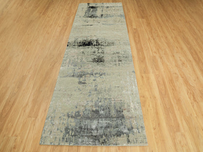 Modern / Contemporary hand-knotted wool/silk runner in Beige, 4' x 10' — SKU O058880 (view 2)