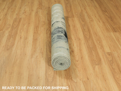 Modern / Contemporary hand-knotted wool/silk runner in Beige, 4' x 10' — SKU O058880 (view 6)