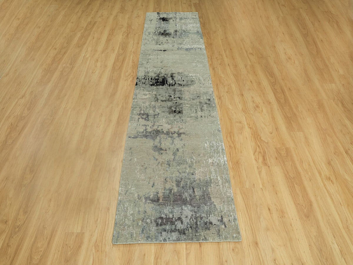 Modern / Contemporary hand-knotted wool/silk runner in Beige, 2'9" x 12' — SKU O058887 (view 2)