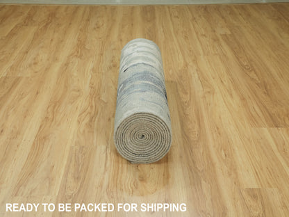Modern / Contemporary hand-knotted wool/silk runner in Beige, 2'8" x 19'10" — SKU O058890 (view 6)