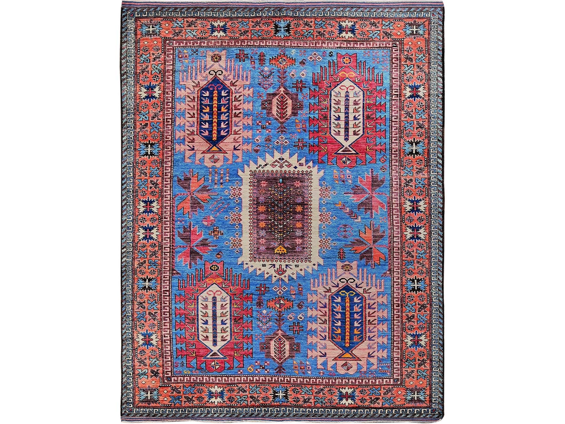Ersari Kazak hand-knotted wool rug in Blue & Copper Red, 5'11" x 7'8" — SKU O0588