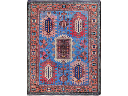 Ersari Kazak hand-knotted wool rug in Blue & Copper Red, 5'11" x 7'8" — SKU O0588