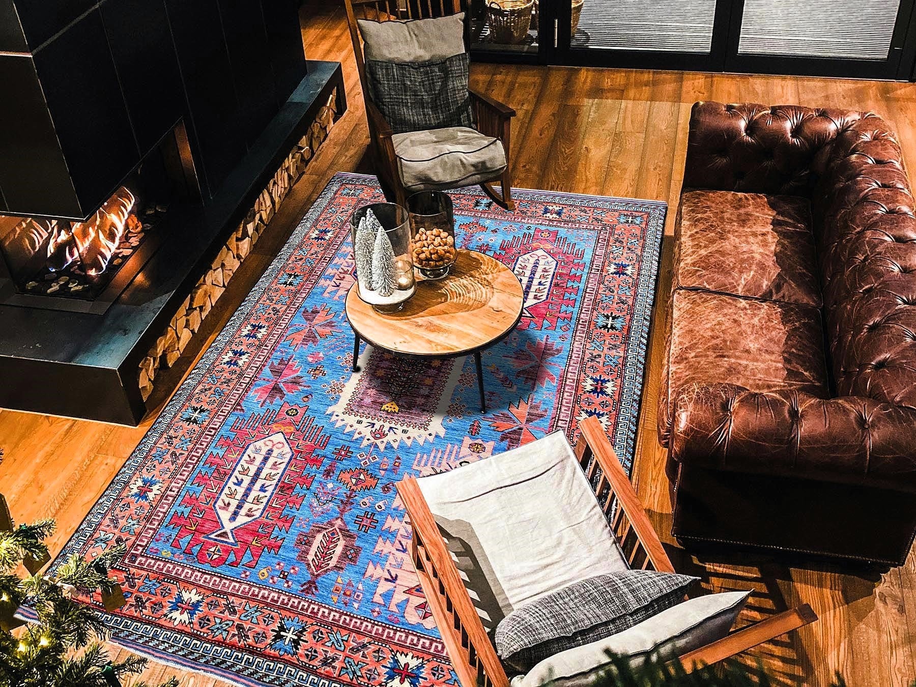 Ersari Kazak hand-knotted wool rug in Blue & Copper Red, 5'11" x 7'8" — SKU O0588 (view 2)