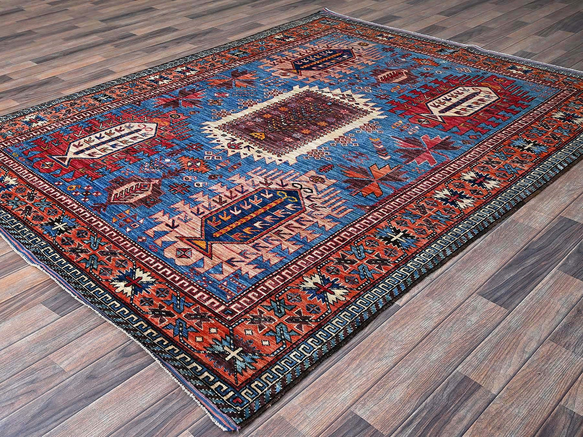 Ersari Kazak hand-knotted wool rug in Blue & Copper Red, 5'11" x 7'8" — SKU O0588 (view 4)