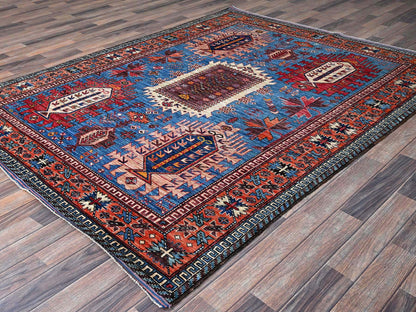 Ersari Kazak hand-knotted wool rug in Blue & Copper Red, 5'11" x 7'8" — SKU O0588 (view 4)