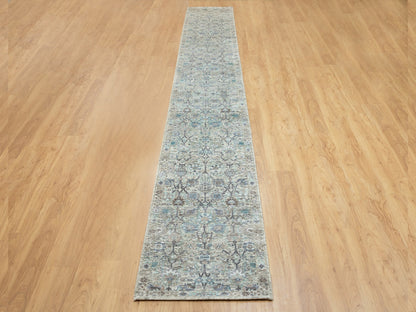 Ivory 2'5" x 20'5" Transitional Hand knotted Wool/Silk Rug - Sku: O058946