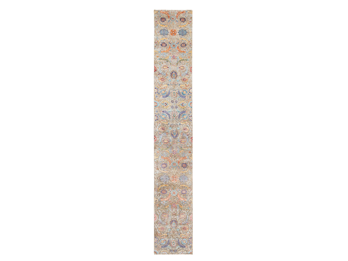 Wool / Silk hand-knotted wool/silk runner in Ivory, 2'6" x 16'4" — SKU O058966