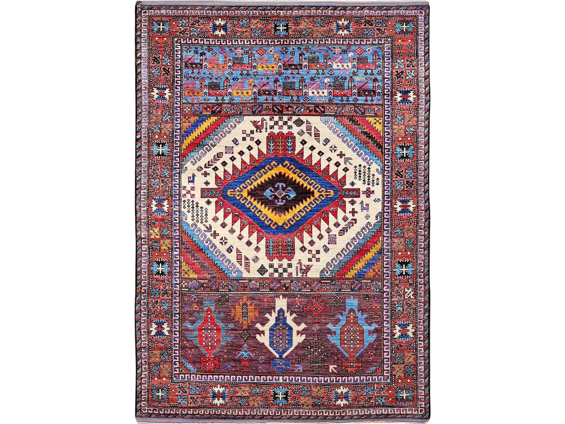 Ersari Kazak hand-knotted wool rug in Ivory & Red, 6' x 8'6" — SKU O0589