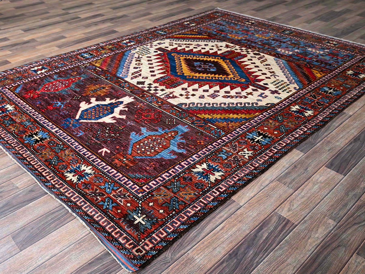 Ersari Kazak hand-knotted wool rug in Ivory & Red, 6' x 8'6" — SKU O0589 (view 4)