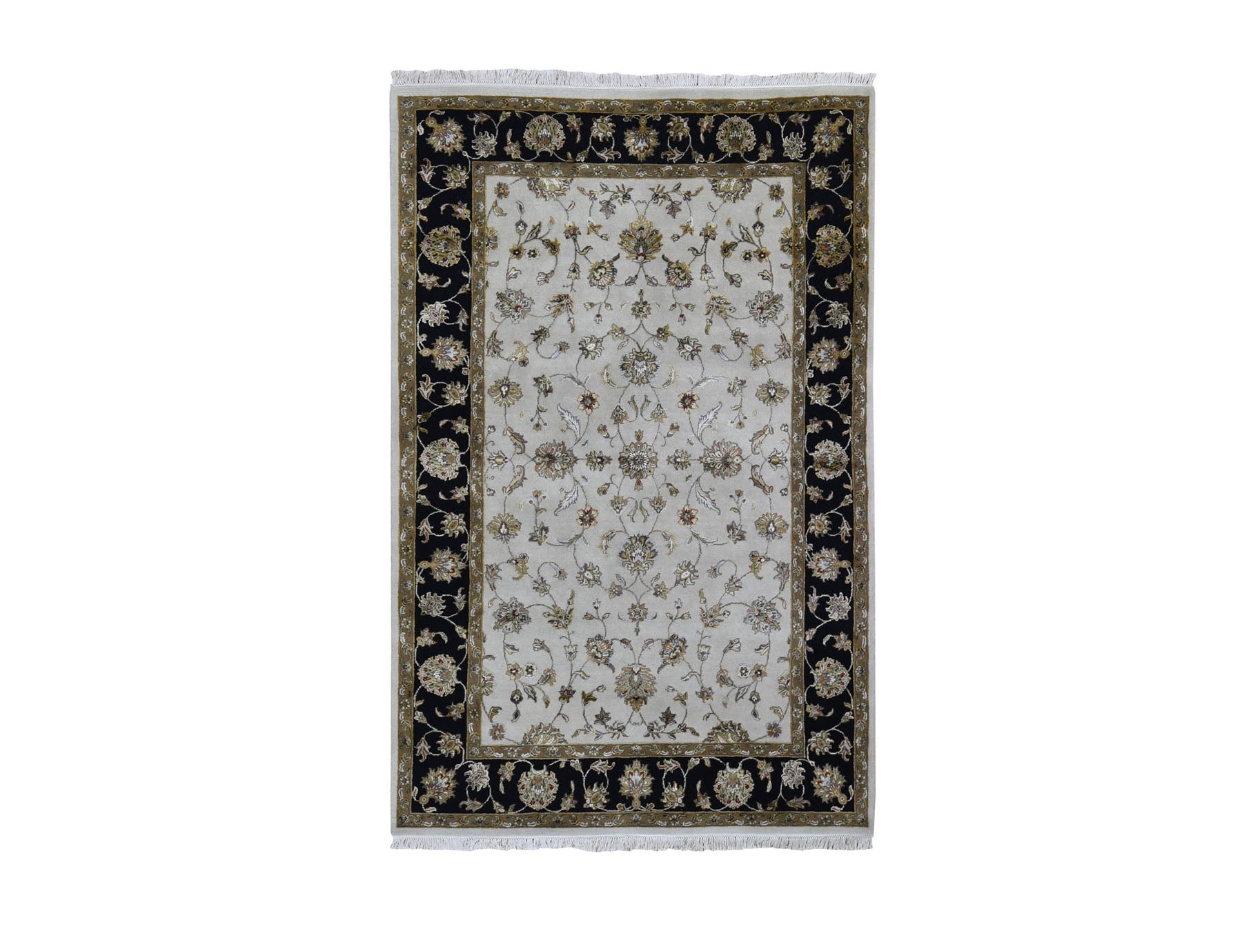 Rajasthan Rajasthan hand-knotted wool/silk rug in Ivory & Black, 6' x 9'3" — SKU O059016