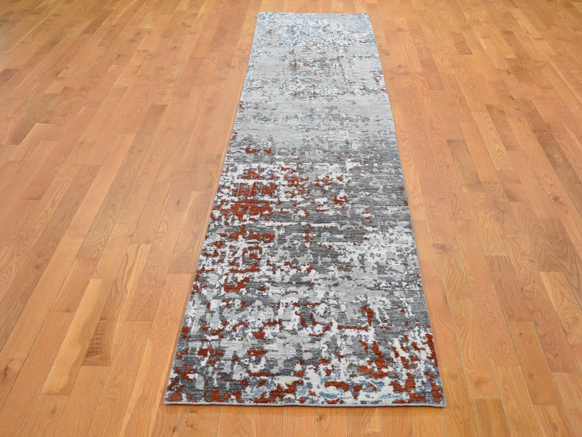 Modern / Contemporary hand-knotted wool/silk runner in Gray, 2'5" x 12' — SKU O059043 (view 2)