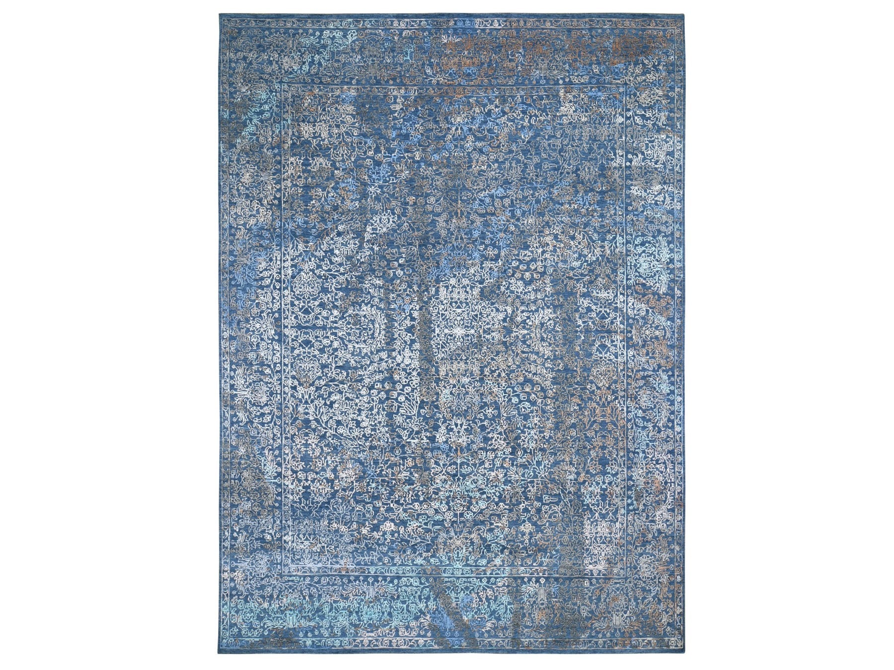 Modern / Contemporary hand-knotted wool/silk rug in Blue & True Navy, 9' x 12' — SKU O059057