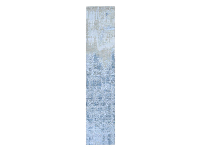 Grey 2'6" x 12'4" Modern / Contemporary Hand knotted Wool/Silk Rug - Sku: O059113