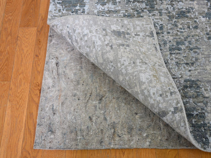 Grey 2'6" x 12'4" Modern / Contemporary Hand knotted Wool/Silk Rug - Sku: O059113