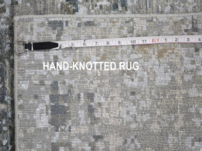 Grey 2'6" x 12'4" Modern / Contemporary Hand knotted Wool/Silk Rug - Sku: O059113