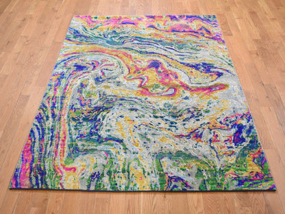 Yellow 4'9" x 6'7" Transitional Hand knotted Wool/Silk Rug - Sku: O059151