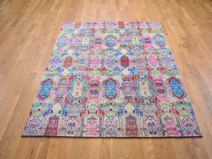 Yellow 5'0" x 6'10" Modern / Contemporary Hand knotted Wool/Silk Rug - Sku: O059152