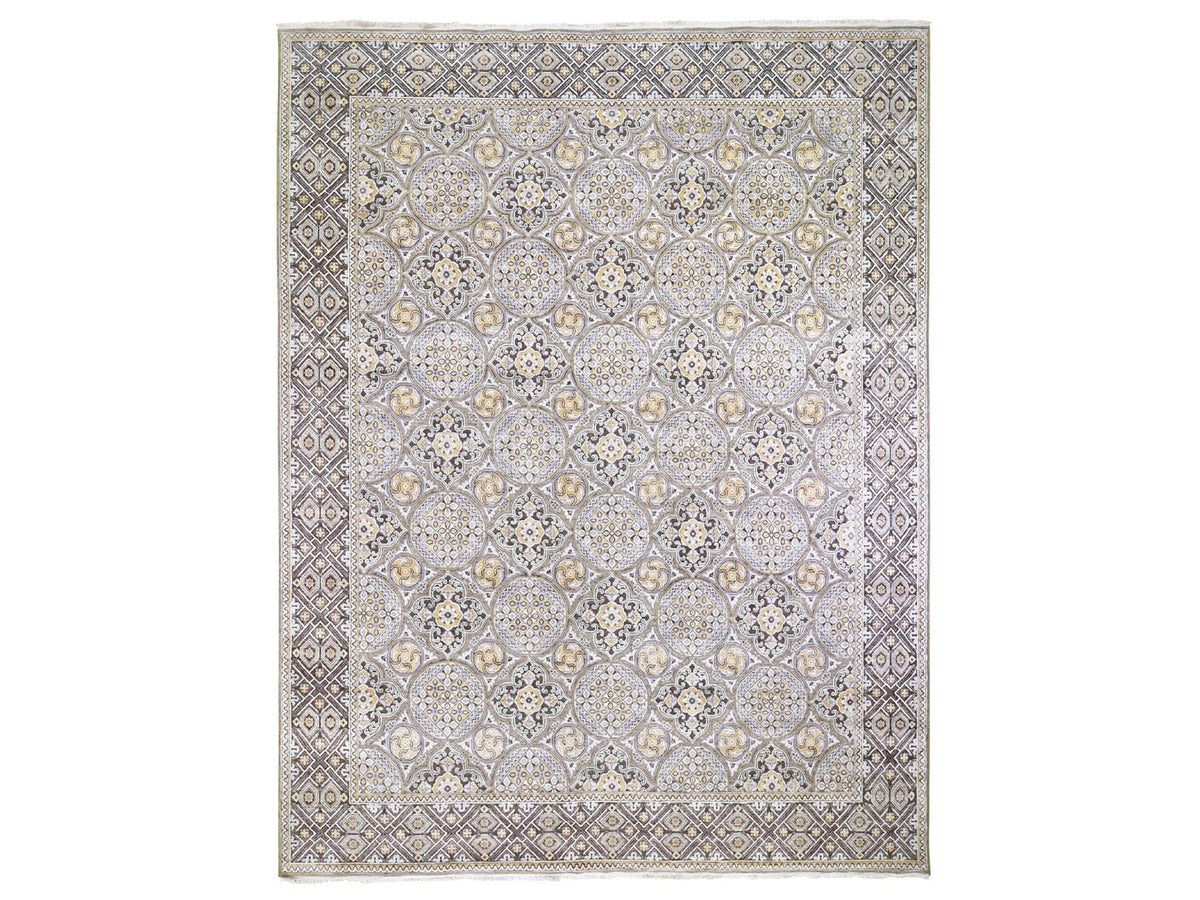 Transitional hand-knotted wool/silk rug in Ivory & Brown, 12' x 15'5" — SKU O059154