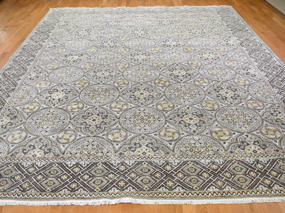 Ivory 12'0" x 15'5" Transitional Hand knotted Wool/Silk Rug - Sku: O059154