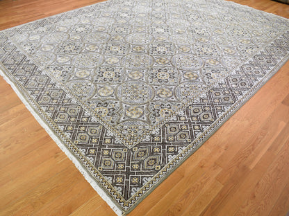 Ivory 12'0" x 15'5" Transitional Hand knotted Wool/Silk Rug - Sku: O059154