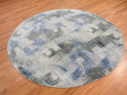 Blue 8'0" x 8'0" Modern and Contemporary Hand knotted Wool/Silk Rug - Sku: O059156