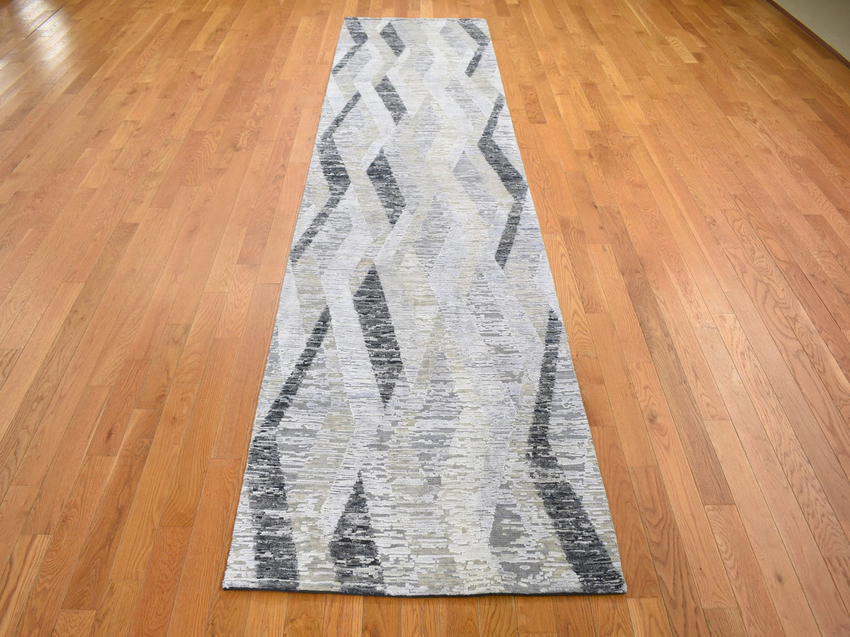 Modern / Contemporary hand-knotted wool/silk runner in Gray, 3' x 12' — SKU O059162 (view 2)