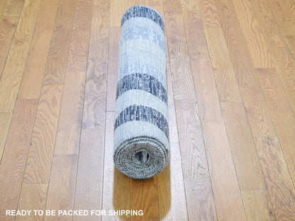 Grey 3'0" x 12'0" Modern / Contemporary Hand knotted Wool/Silk Rug - Sku: O059162