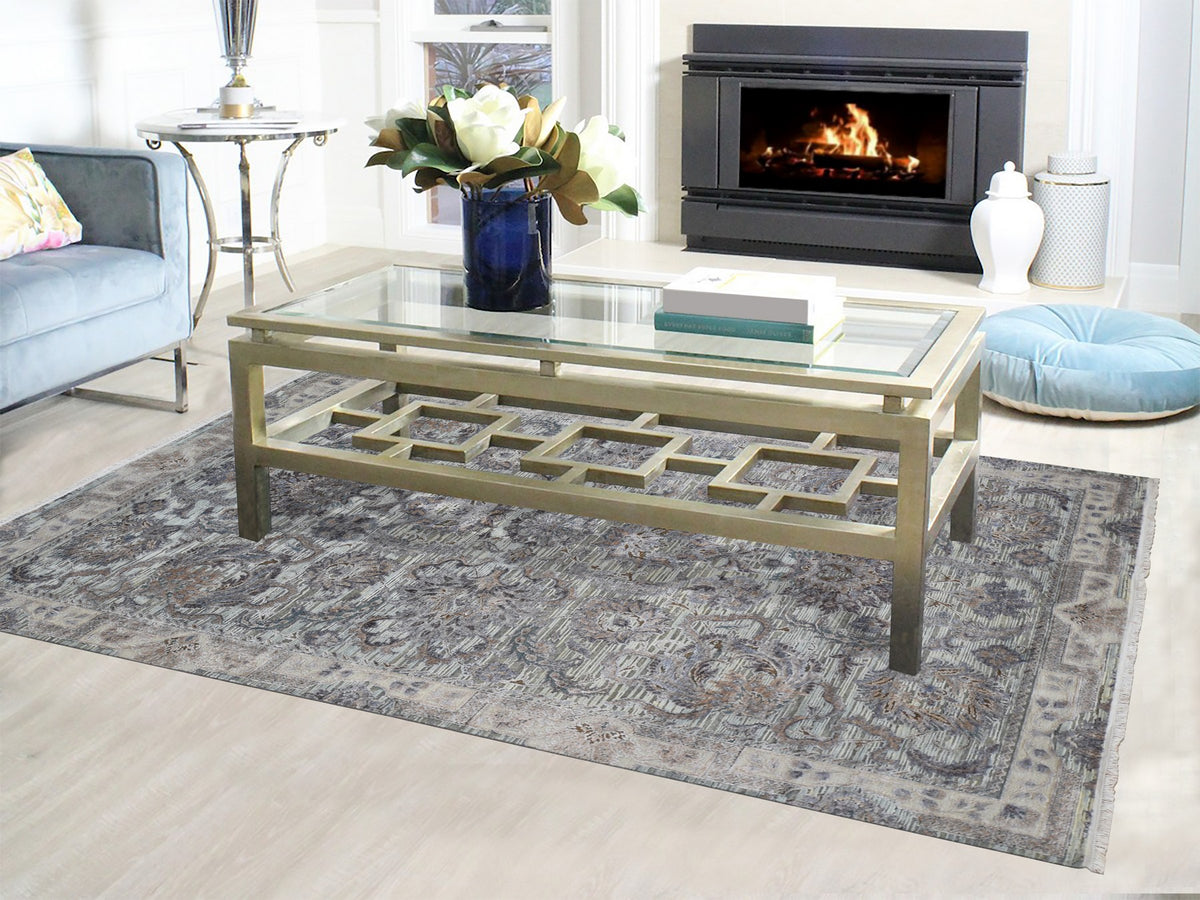 Oushak hand-knotted wool/silk rug in Green & Ivory, 6' x 9'1" — SKU O059164 (view 2)