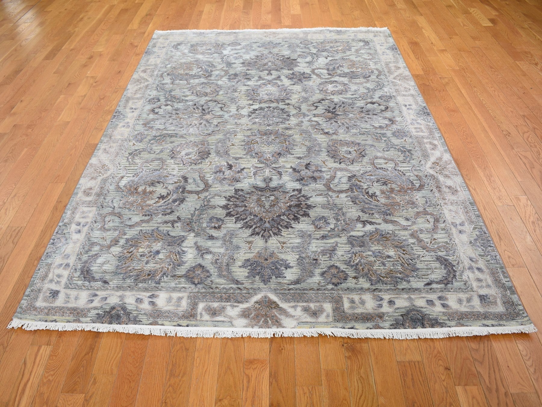 Oushak hand-knotted wool/silk rug in Green & Ivory, 6' x 9'1" — SKU O059164 (view 3)