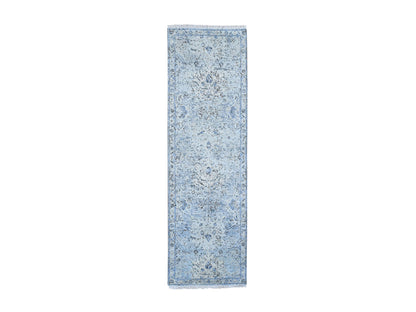 Blue 2'5" x 8'0" Transitional Hand knotted Wool/Silk Rug - Sku: O059171