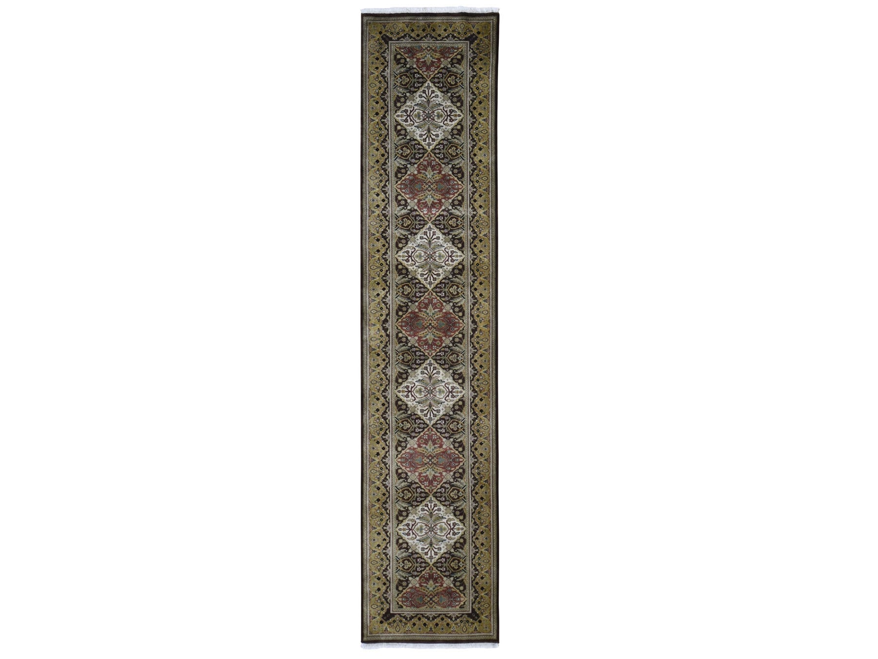 Tabriz Fine Oriental hand-knotted wool runner in Brown & Gold, 2'7" x 12' — SKU O059201