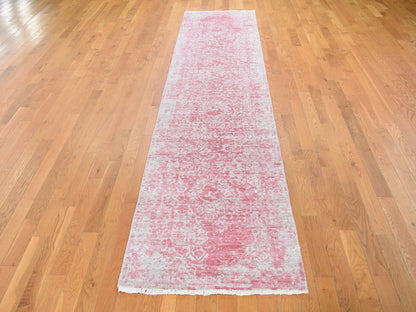 Pink 2'8" x 11'10" Transitional Hand knotted Wool/Silk Rug - Sku: O059204