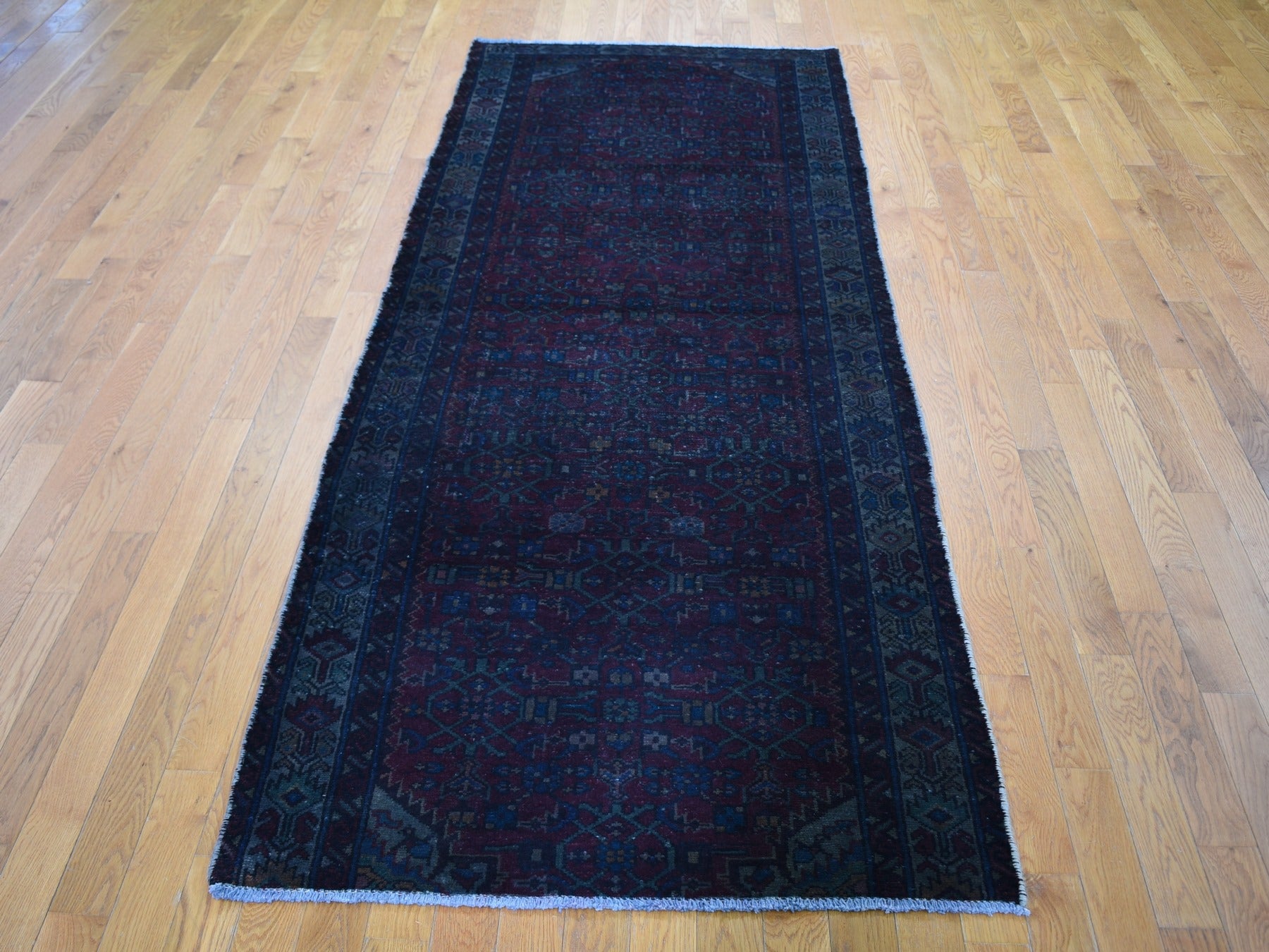 Malayer Vintage hand-knotted worn wool rug in Overdyed, 3'6" x 9'1" — SKU O059210 (view 2)
